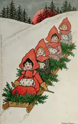 Vier kleine meisjes op een slee (kleur lithografie)
