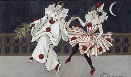 Ansichtkaart met Pierrot en zijn metgezel, ca. 1900