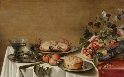 Stilleven met fruit, krab en brood