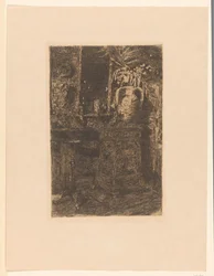 Atelierinterieur met kachel, schouw en bloemenvaas