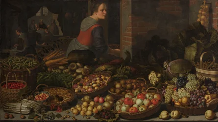 Stilleven met fruit en groenten, met Christus in Emmaus op de achtergrond