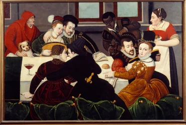 De galante maaltijd, verstrengelde paren, een zwarte bediende. Schilderij van de School van Fontainebleau. 16e eeuw, Aix-en-Provence, Musée Granet