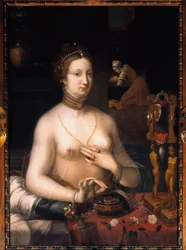 De dame heeft haar toilet Schilderij van de School van Fontainebleau. Rond 1560. Dim. 1,05 x 0,76 m. Dijon, Museum voor Schone Kunsten