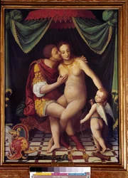 Venus en Mars. Afbeelding van de twee godheden die kussen. Schilderij van de School van Fontainebleau, 16e eeuw
