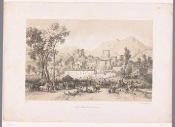 Zicht op een dorp met beestenmarkt in een vallei