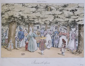 Kinderen en kindermeisjes in het park, uit de Tableau de Paris-serie, gegraveerd door C. Motte, 1827