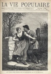 Een boerenpaar, de man in een blouse en klompen, springt de jonge vrouw die hem met een glimlach en licht terugduwt. Illustratie door E. Bertin voor Les vijfentwintig francs de la superieure door Guy de Maupassant (1850-1893). Gravure door Fortune Meaulle 