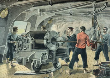 Een marinebatterij bombardeert Santiago de Cuba, Spaans-Amerikaanse oorlog in 1898 (gravure)