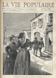 In de straten van een dorp in de Provence, twee mooie vrouwen in Provençaalse jurken keren zich om naar de straat om een man te confronteren die zelfverzekerd naar hen kijkt. Illustratie door Montegut voor De Populaire Man door Frederic Mistral (1830-1914)