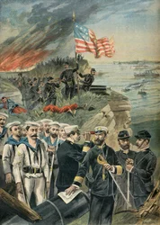 Landing van Amerikaanse troepen bij Guantanamo, Spaans-Amerikaanse oorlog in 1898 (Gravure)