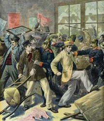 Opstand van dienstplichtigen uit Elzas-Lotharingen in Duitse stations (Gravure)