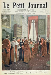 Titelpagina met de Rechtbank van Cassatie met Mr. Loew, Mr. Chambareaud en Mr. Manau, illustratie uit de geïllustreerde bijlage van Le Petit Journal