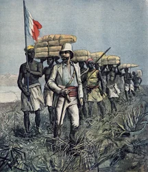 Luitenant Mizon (1853-99) tijdens zijn verkenningsmissie van 1892 in het gebied van de Benue-rivier in Nigeria, uit 