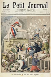Titelpagina die een rel in het Huis van Afgevaardigden afbeeldt, illustratie uit het geïllustreerde supplement van Le Petit Journal, 10 juli 1898