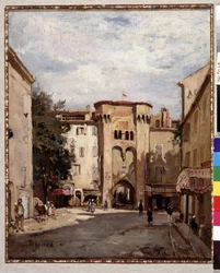 Versterkte deur van Cavaillon in de Vaucluse. Schilderij van Fortune Viguier