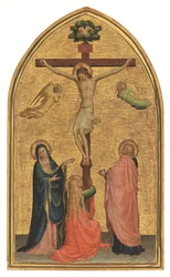 De Kruisiging met de Maagd, Johannes de Doper en de Magdalena (tempera op paneel met gouden ondergrond)
