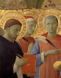 Detail van het altaarstuk van Annalena: Portretten van Sint Petrus de Martelaar, Sint Cosimo (Come of Cosimo) en Sint Damianus (tempera op hout)
