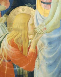 Maria Magdalena kust de voeten van Jezus, detail uit de Kruisafneming of het Altaarstuk van de Heilige Drie-eenheid, circa 1432, door Giovanni da Fiesole, bekend als Fra Angelico (1400-circa 1455)