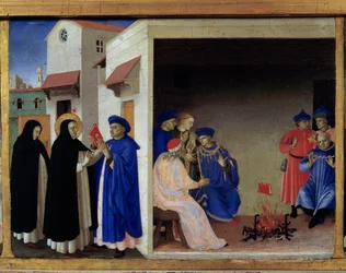 Predella van de Kroning van de Maagd: het wonder van het boek dat voor de Albigenzen in het vuur wordt geworpen. De heilige Dominicus weerlegt de kathaarse ketterij. Louvre, Parijs