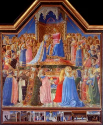 De kroning van de Maagd (predella met scènes uit het leven van de heilige Dominicus)