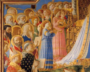 De kroning van de Maagd, detail met heiligen en musicerende engelen. Schilderij van Guido di Pietro (of Fra Giovanni da Fiesole), genaamd Fra Angelico of il Beato (1387-1455)