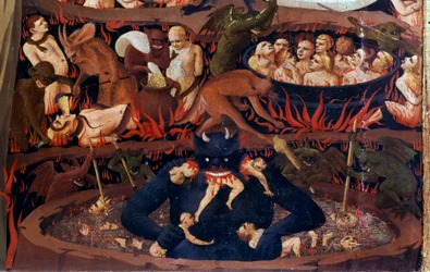 Het Laatste Oordeel: detail van de onderwereld. Verdoemden in de helse kringen, gemarteld door demonen. Detail van een tempera op hout door Guido di Pietro (of Fra Giovanni da Fiesole), genaamd Fra Angelico of il Beato (1387-1455)