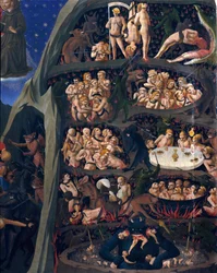 Het Laatste Oordeel: hel. De zielen van de verdoemden worden in de kringen van de hel gefolterd. De duivel beneden heeft er een van hen. Schilderij van Guido di Pietro (of Fra Giovanni da Fiesole), genaamd Fra Angelico of il Beato (1400-1455)