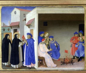 Het wonder van de heilige Dominicus: de heilige geeft de Albigenzen het boek dat hun ketterij weerlegt en de Albigenzen proberen het tevergeefs te verbranden - Predella van de 