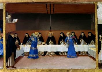 De monniken aan tafel, de keuken van de engelen. Leven van Sint Dominica (detail): de engelen serveren een maaltijd aan Dominicaanse broeders. Schilderij door Guido di Pietro (Fra Angelico)