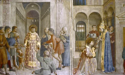 St. Sixtus vertrouwt de kerkschatten toe aan Laurentius en St. Laurentius geeft aalmoezen