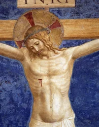 Gekruisigde Christus. Opschrift "INRI" op het kruis, detail