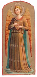 Kleurenlitho van Fra Angelico engel met muziekinstrument, ca. 1910