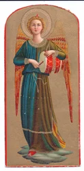 Kleurenlitho van Fra Angelico engel die drum speelt, ca. 1910