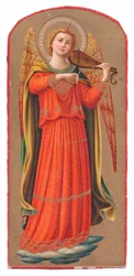 Kleurenlitho van Fra Angelico engel die viool speelt, ca. 1910