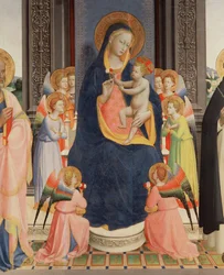 Detail van het Politico Di San Domenico met de Maagd en Kind op de troon met acht engelen