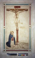 De kruisiging met Sint Dominicus. Inscriptie "INRI" op het kruis. Fresco van Guido di Pietro