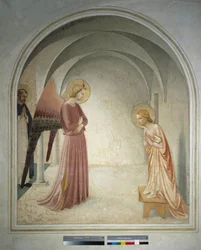 De annunciatie. Sint Pieter martelaar staat achter de aartsengel Gabriël die de aankondiging aan de Maagd Maria doet. Fresco van Guido di Pietro