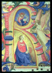 Ms 558 f.33v De Aankondiging afgebeeld in een versierde initiaal R, detail uit een Missaal, vroege 1430s