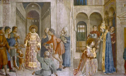 Paus Sixtus II geeft kerkschat aan St. Laurentius, midden 15e eeuw