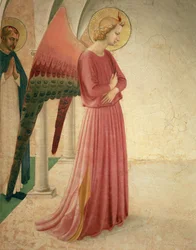 De Annunciatie, detail van de Engel Gabriël en St. Petrus de Martelaar, 1442 (detail)