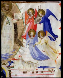 ds 558 f.67v Sint-Dominicus met vier muzikale engelen, uit een graduale van San Marco e Cenacoli (detail)