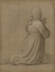 Vrouw knielend in gebed, gezien van achteren (studie voor de figuur van de heilige Catharina)