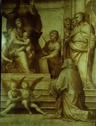 Het Grote Raad Altaarstuk, detail (heiligen verzameld aan de linkerzijde van de Maagd), 1510