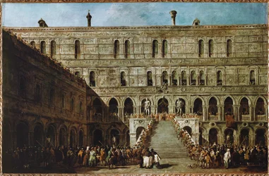 Kroning van de Doge van Venetië op de trappen van de reuzen van het hertogelijk paleis ...