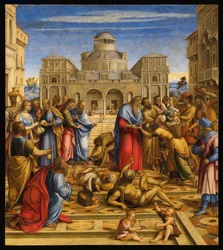 Sint Jan de Aalmoezenier (556-619), patriarch van Alexandrië, die geld uitdeelt aan de armen in de straten van de stad