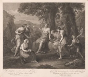 Bacchus te midden van eenzame rotsen onderwijst de nimfen in het dichten van verzen
