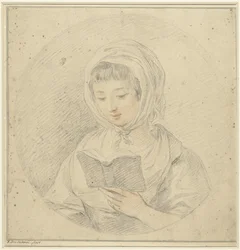 Meisje lezend in een boek, in een ovaal