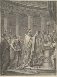 De Romeinse generaal Julius Caesar wijdt de tempel van Venus Genetrix in het Forum van Caesar, Rome, 46 v.Chr.