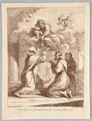 Drie heiligen, de Maagd en Kind in de wolken