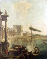 Een capriccio, haven met figuren die een veerboot laden